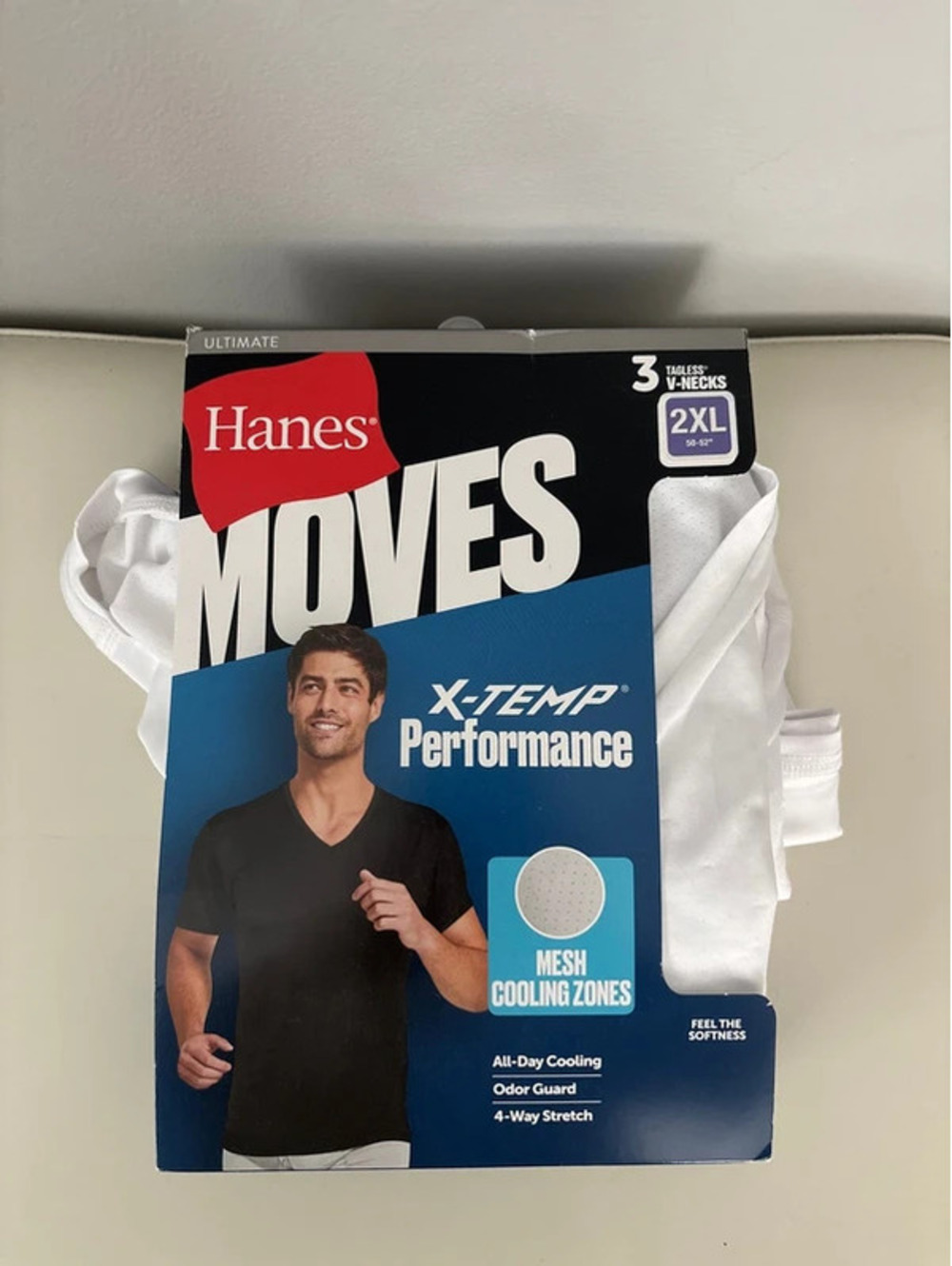 Hanes Moves X-Temp Performance V-Neck Undershirts 3-Pack White 2XL NWT